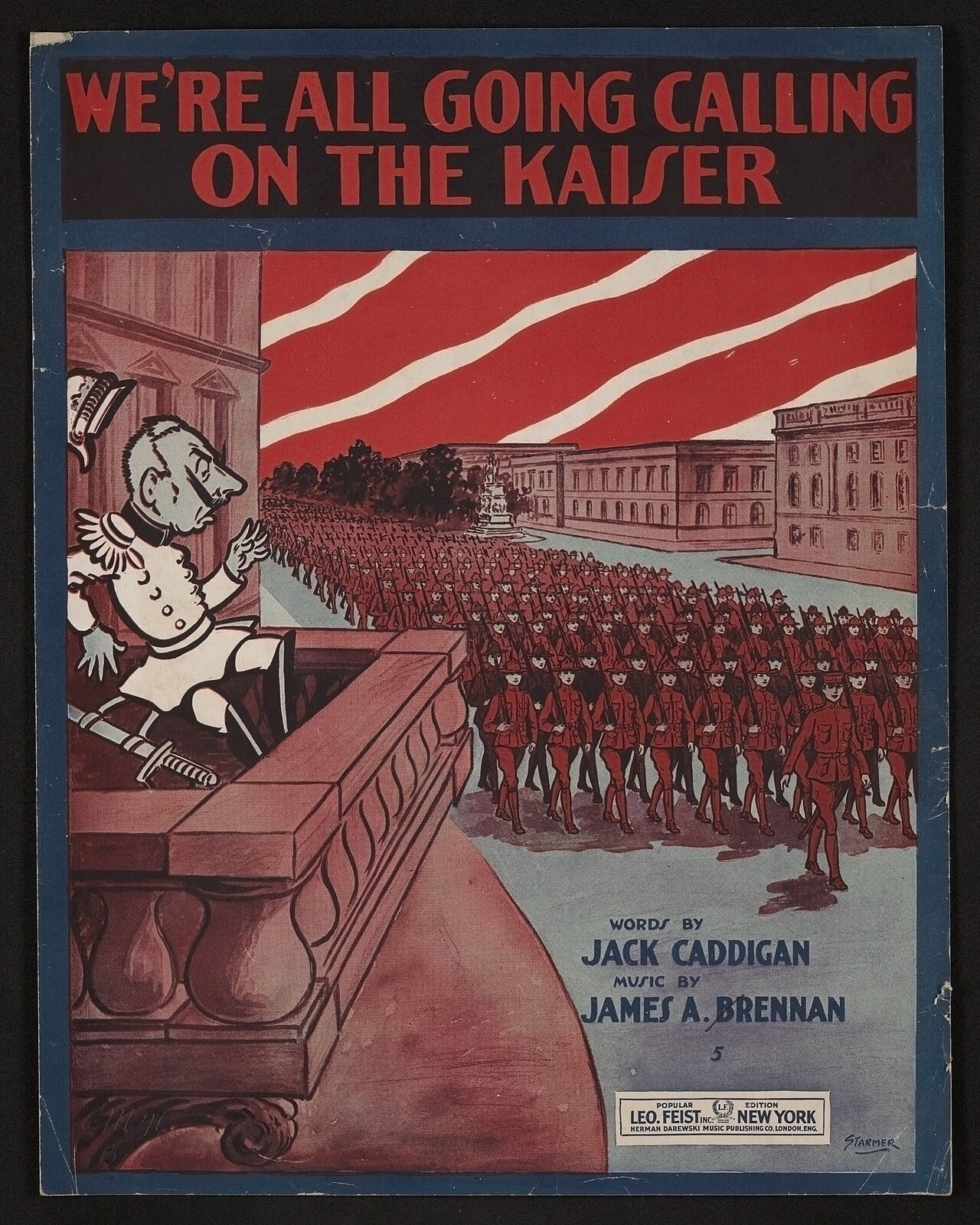 sheet music score (foto: Sheet music cover by Starmer. Song by Brennan, James A. (James Alexander) (composer), Caddigan, Jack (lyricist), Grooms, / Public domain, Wikimedia Commons)