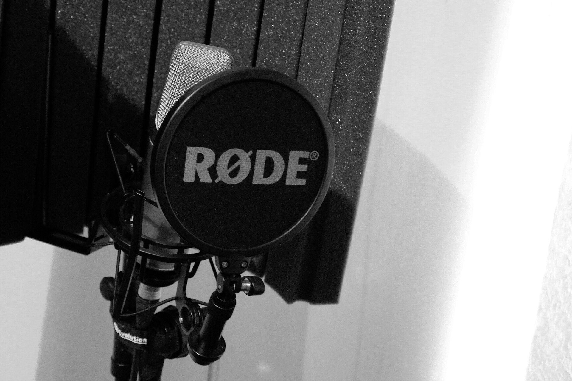 Micro de studio suspendu dans sa suspension élastique, filtre anti-pop placé juste devant la grille