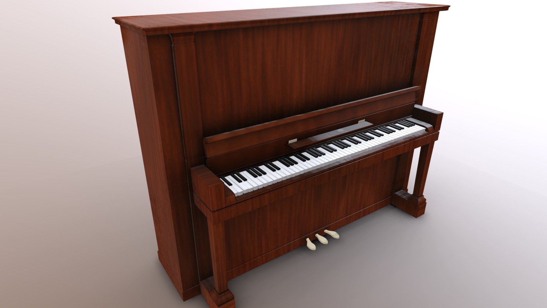 Piano droit adossé au mur d'un salon, tabouret en bois placé devant le clavier