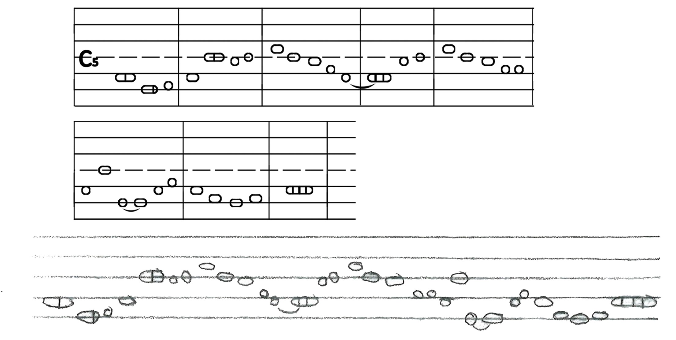 Manuscrit musical annoté au crayon, portées denses avec des indications de nuances soulignées
